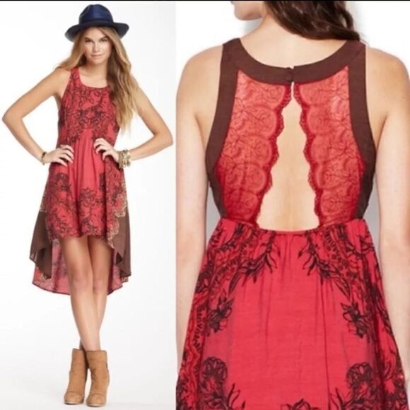 Free People Red,Brown, Black Russian Lace‎ Sleeveless High Low Dress Size XS - Picture 1 of 16